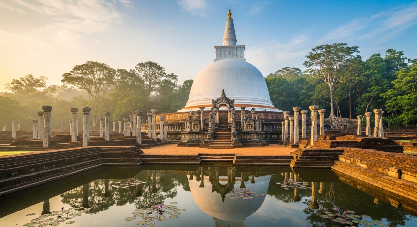 A majestic aesthetic shot of the ancient Ruwanwelisaya white stupa