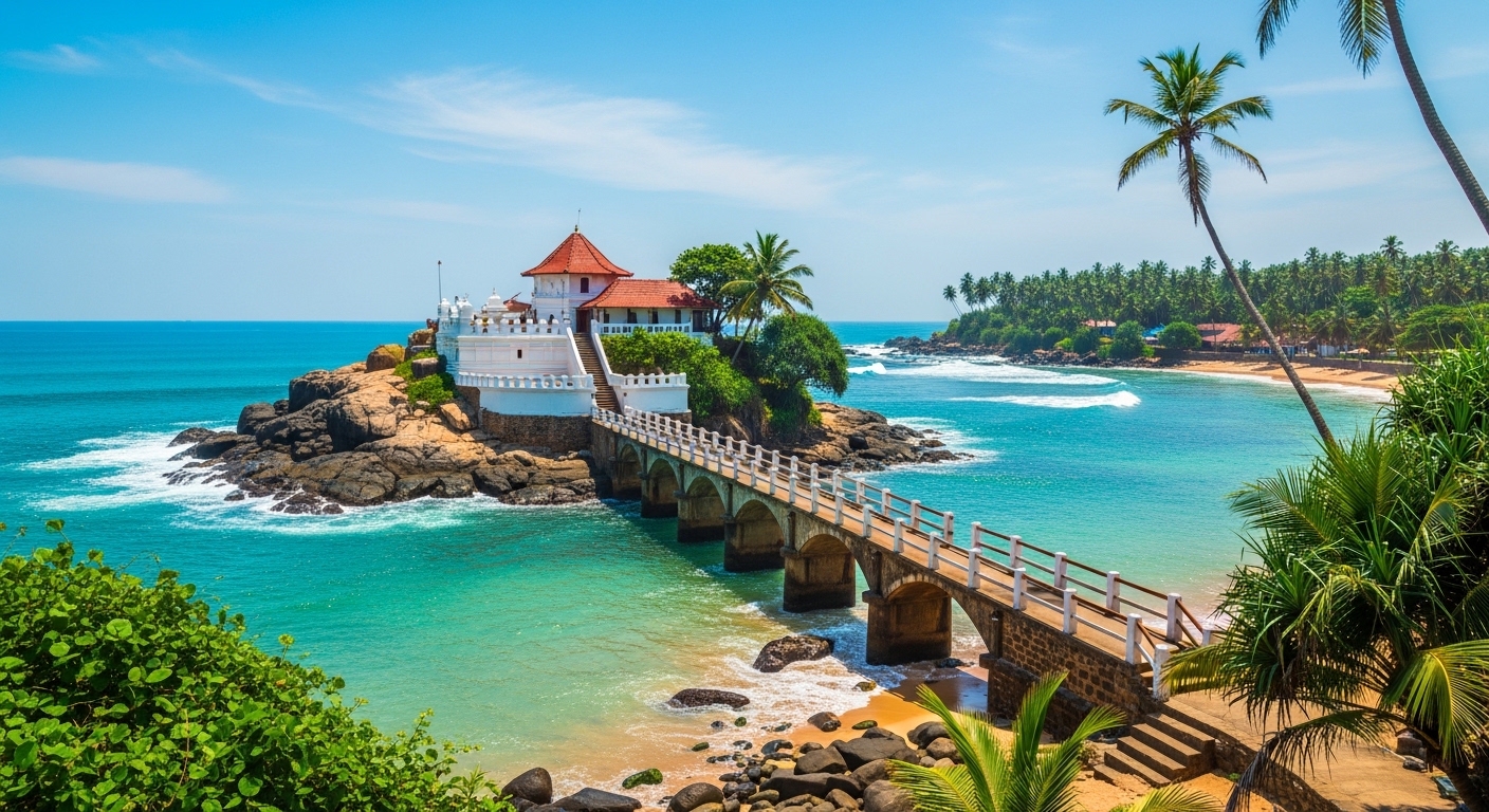 A beautiful coastal view of the Paravi Duwa Temple in Matara