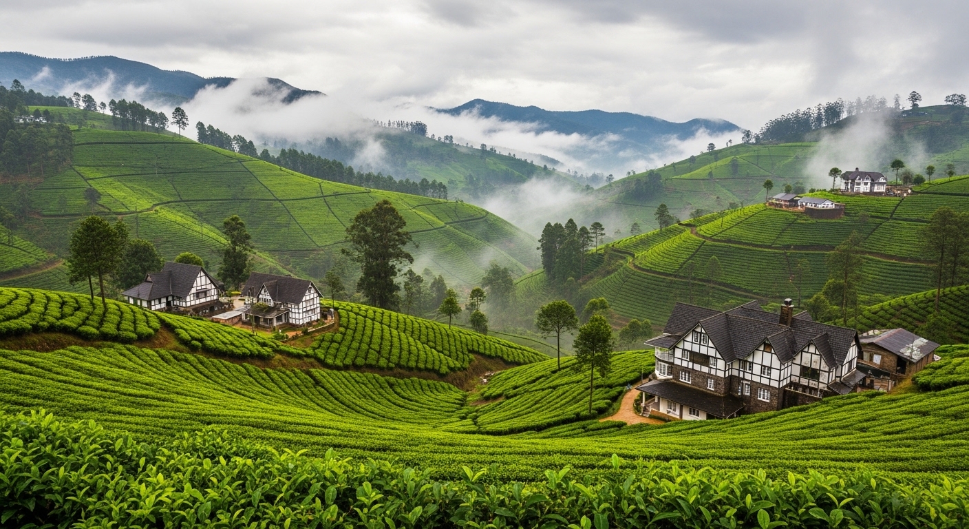 A breathtaking misty landscape and tea plantations in Nuwara Eliya